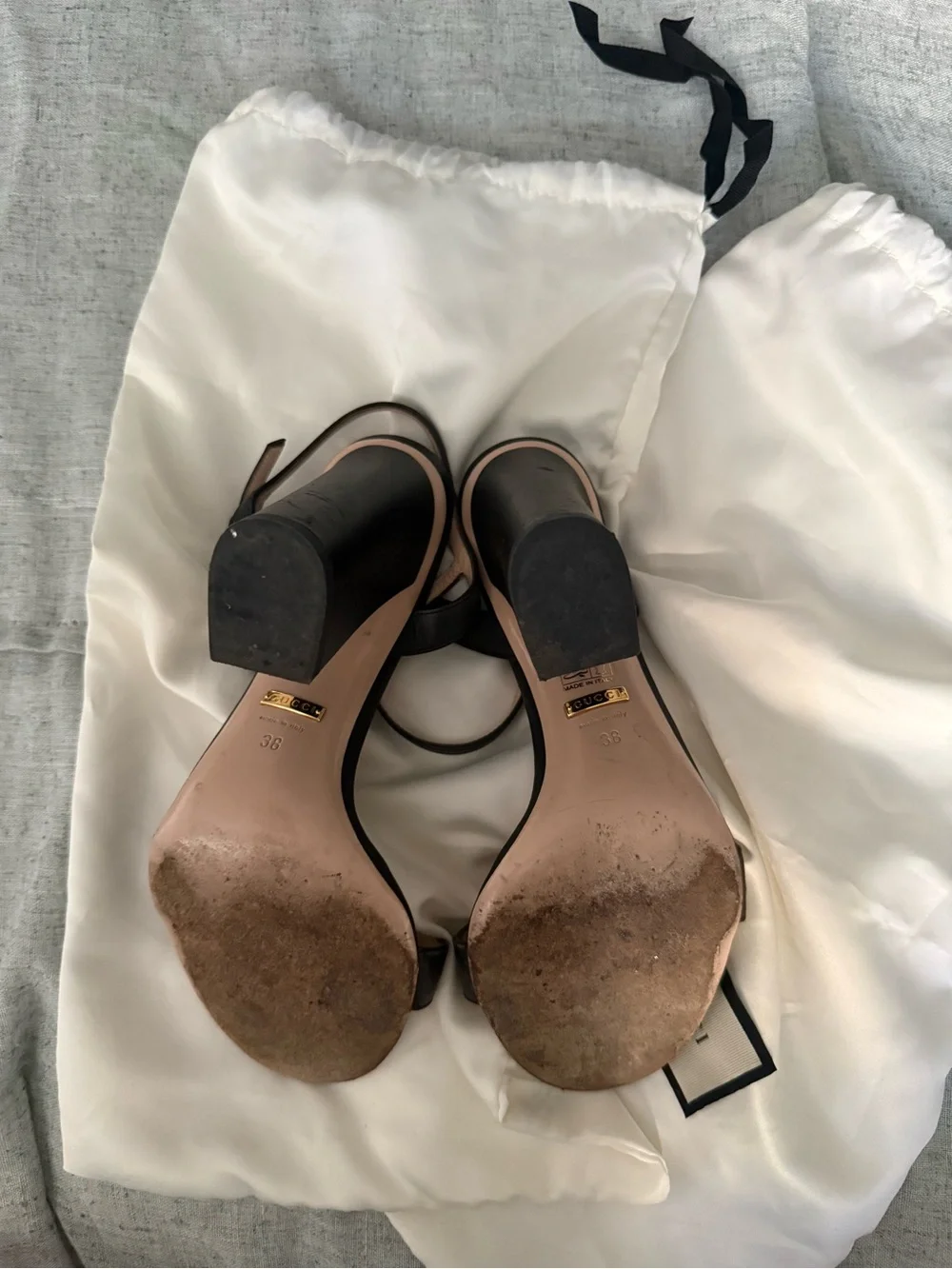 Gucci Black Leather Block Heel Sandals with Gold GG Hardware